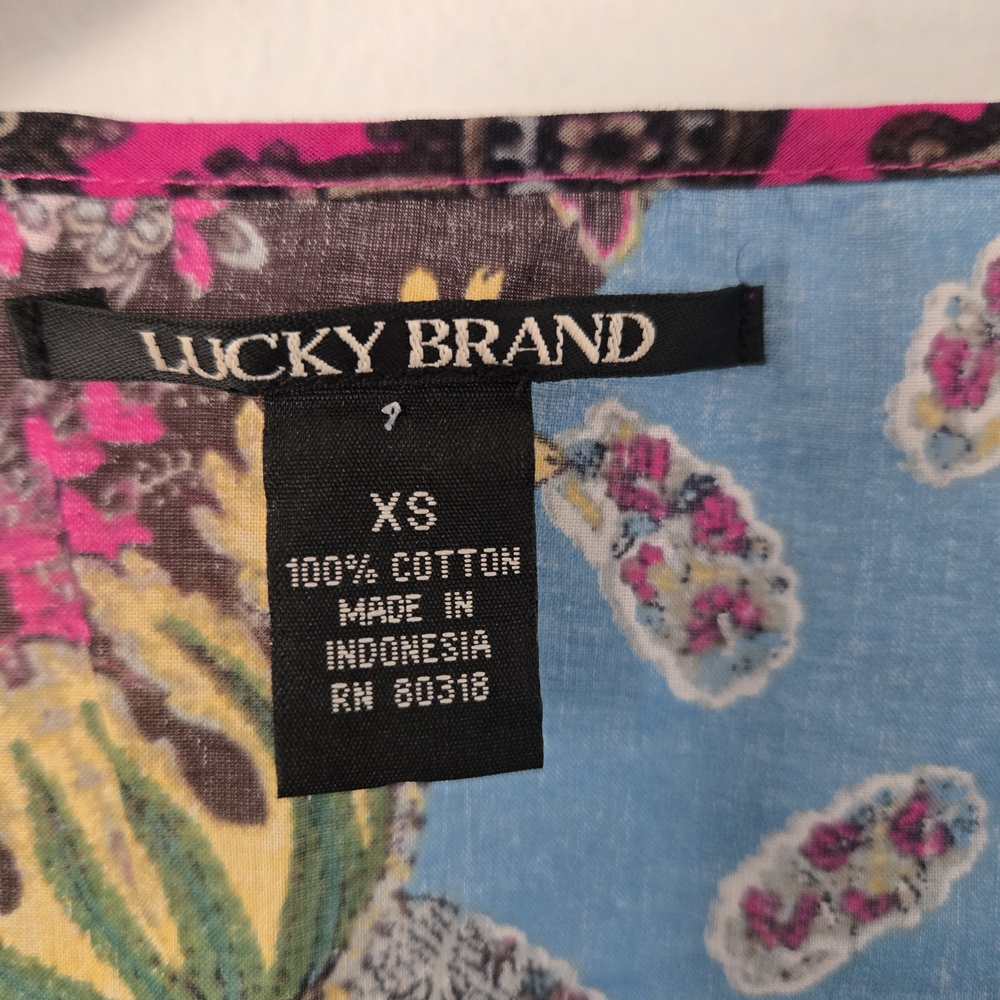 Lucky Brand XS Boho Paisley Floral Cotton Peasant Top Pink Blue - Picture 11 of 13